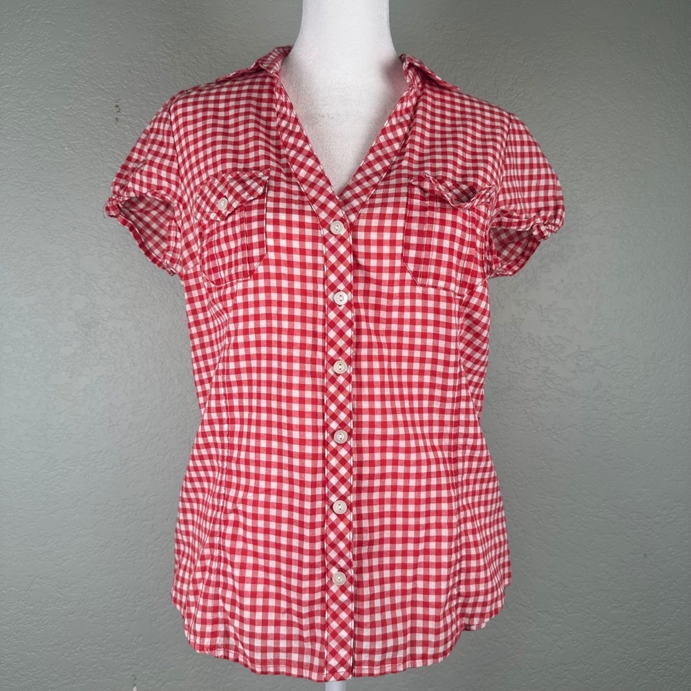 Forever21 Red Gingham Button Down Short Sleeve Shirt Juniors Size L Cotton Retro